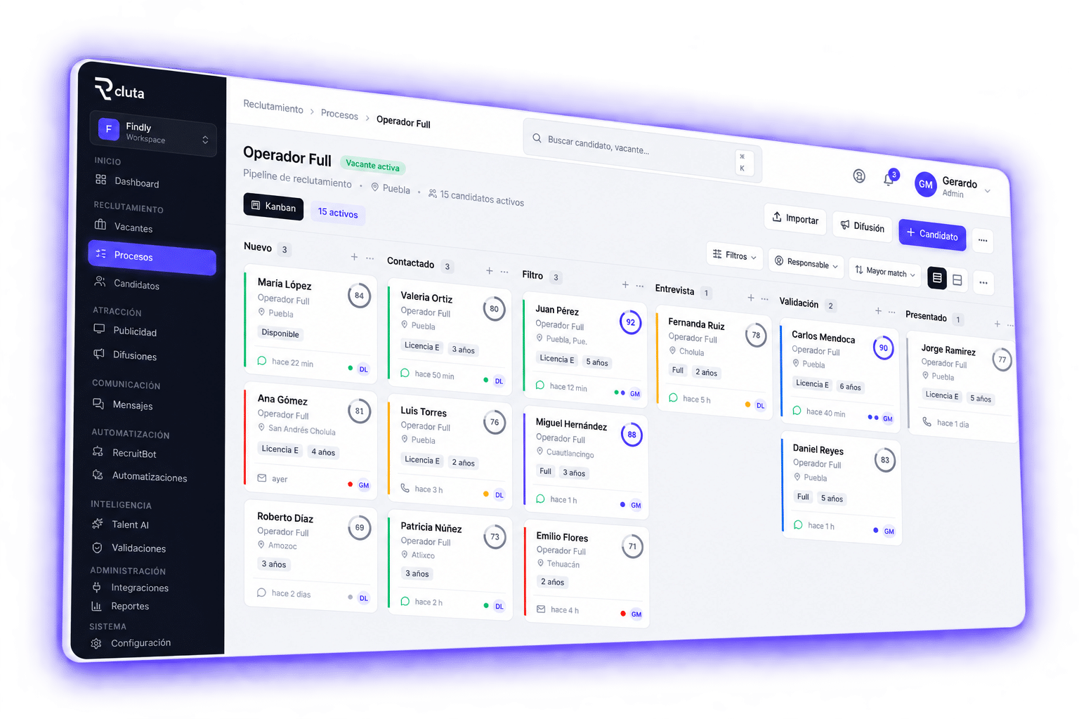 Kanban de procesos de selección en Rcluta